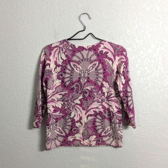 Talbots Petite Pure Cashmere Purple Gray Floral Cardigan Sweater 3/4 Sleeve SP - Picture 3 of 8
